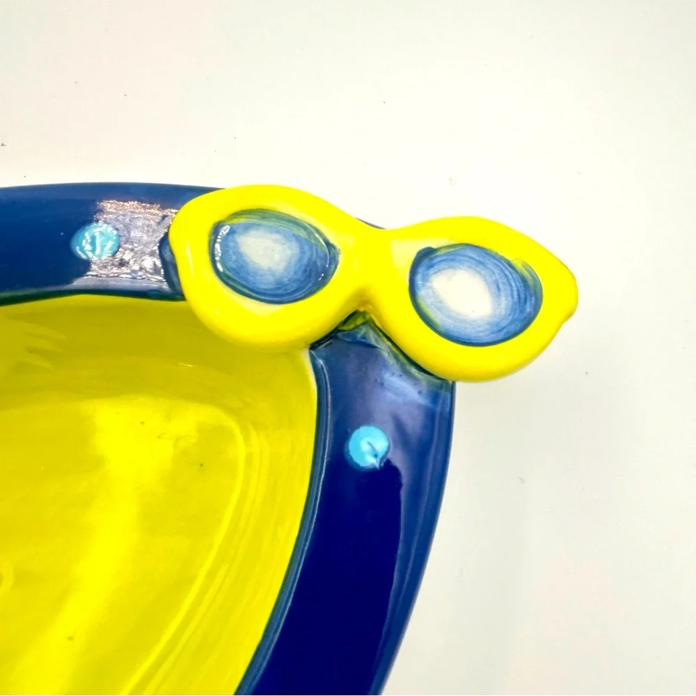 Dennis East HAND PAINTED Ceramic Sunglasses Divided Serving Dish 14” Blue Yellow